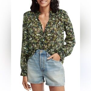 Scotch & Soda Amsterdam Sheer Floral Smocked Collar Top
